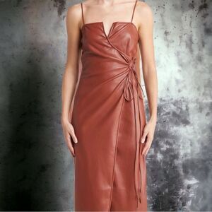 - Nanushka Anubi Asymmetrical Side-Tie Vegan Leather Brick Midi Dress, L